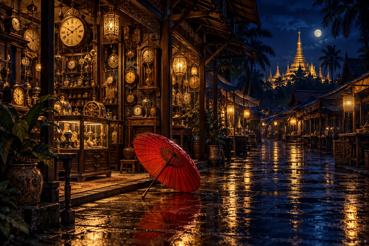 ร่มสีแดงในตลาดกลางคืนหน้าร้านนาฬิกา
